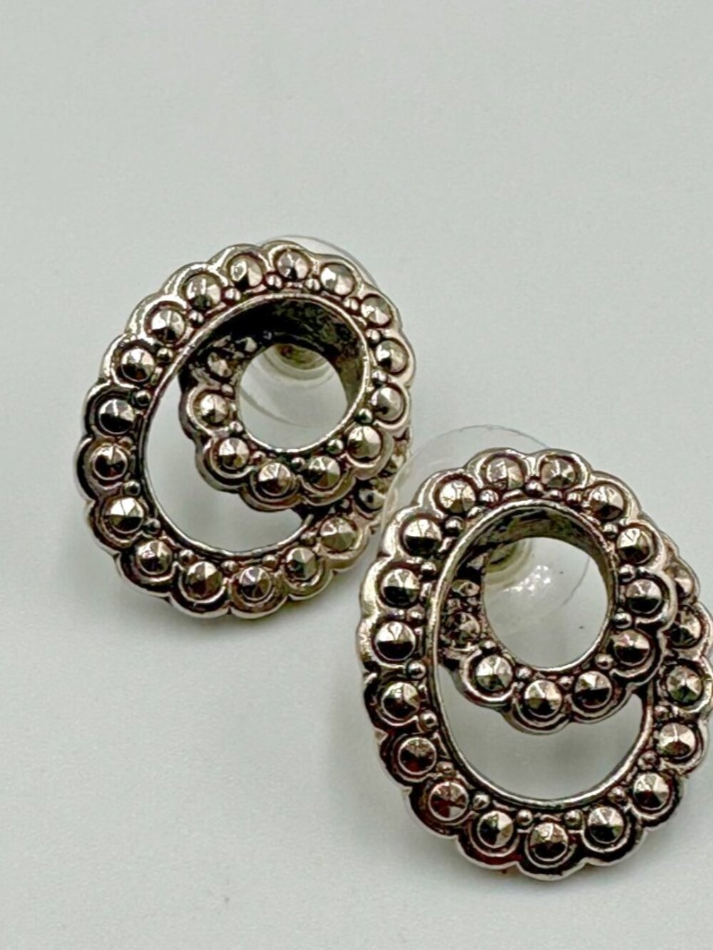 3/$30 Vintage Avon Marcasite Earrings Studs Gunmetal Tone Swirl Posts Pierced 1" - Picture 3 of 10